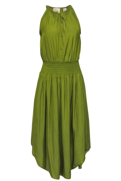 Elie Tahari - Pea Green Sleeveless Satin Midi Dress Sz S