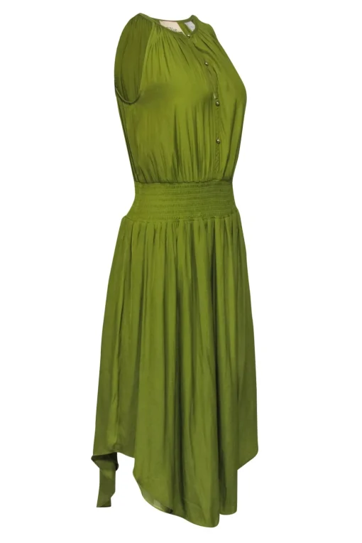 Elie Tahari - Pea Green Sleeveless Satin Midi Dress Sz S