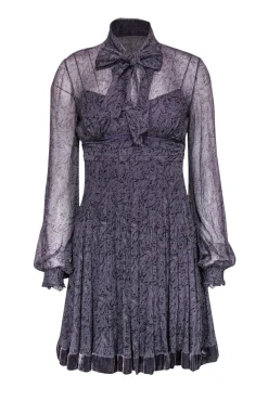 Elie Tahari - Purple Printed Sheer Silk Shift Dress w/ Velvet Trim Sz 2