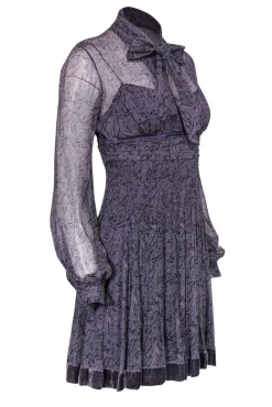 Elie Tahari - Purple Printed Sheer Silk Shift Dress w/ Velvet Trim Sz 2