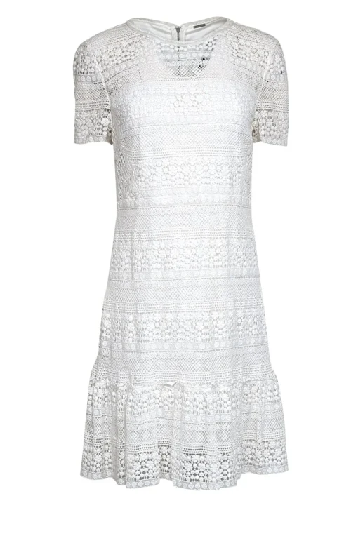 Elie Tahari - White Eyelet Lace Short Sleeve Dress Sz 12