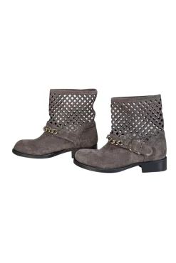 Elisabetta Franchi - Grey Suede Laser Cut Detail Short Boots Sz 8
