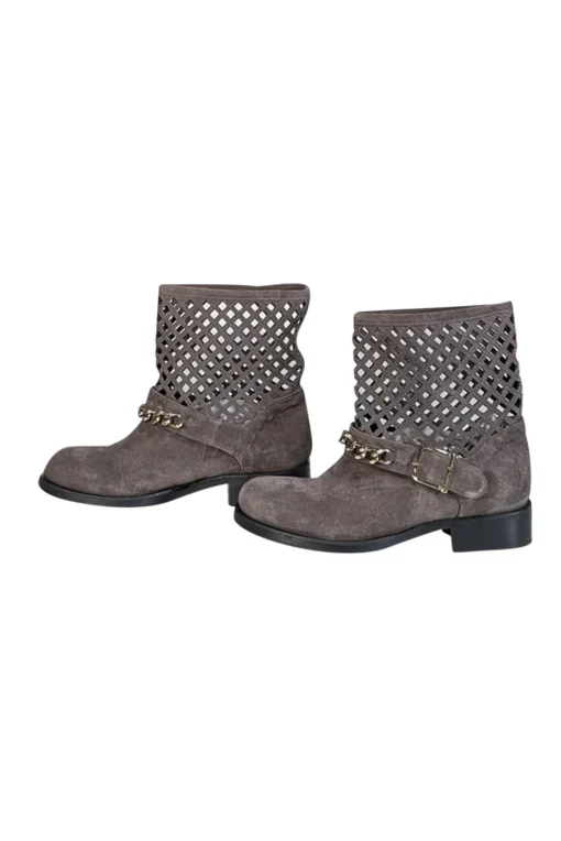 Elisabetta Franchi - Grey Suede Laser Cut Detail Short Boots Sz 8