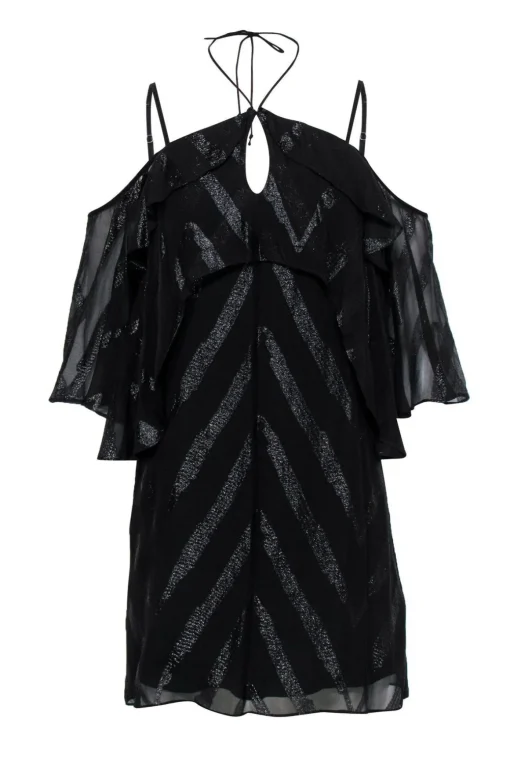 Ella Moss - Black Cold-Shoulder Metallic Striped Ruffle Dress Sz S
