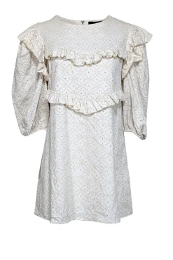 En Saison - Cream Long Sleeve Eyelet Mini w/ Ruffle Details Dress Sz L