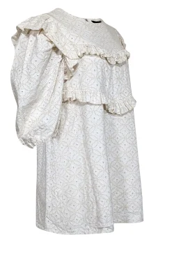 En Saison - Cream Long Sleeve Eyelet Mini w/ Ruffle Details Dress Sz L