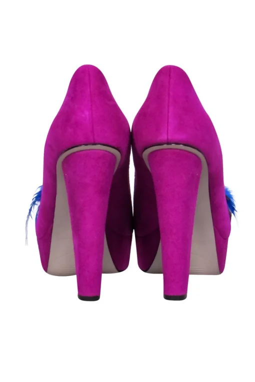 Enzo Angiolini - Magenta Suede Peep Toe Platform Pumps w/ Feathers & Rhinestones Sz 5.5