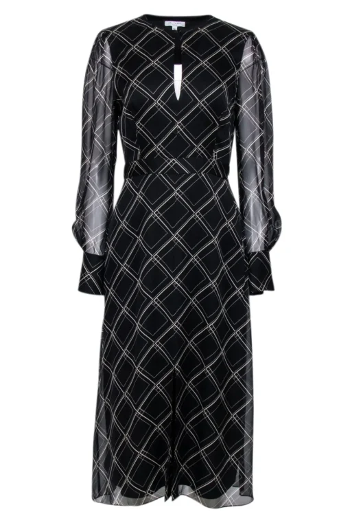 Equipment - Black & Beige Abstract Print Long Sleeve Midi Dress Sz 6