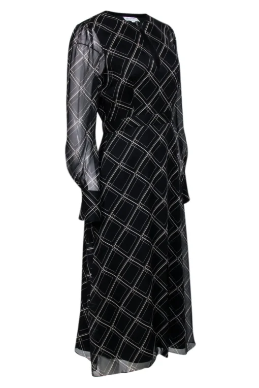 Equipment - Black & Beige Abstract Print Long Sleeve Midi Dress Sz 6