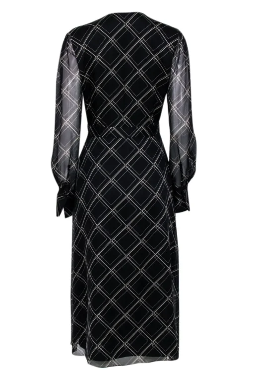 Equipment - Black & Beige Abstract Print Long Sleeve Midi Dress Sz 6