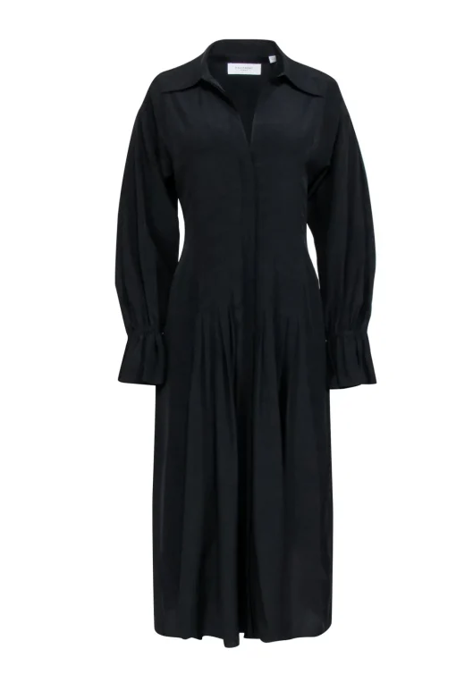 Equipment - Black Silk Pleated Midi Dress w/ Flared Sleeves Sz 6