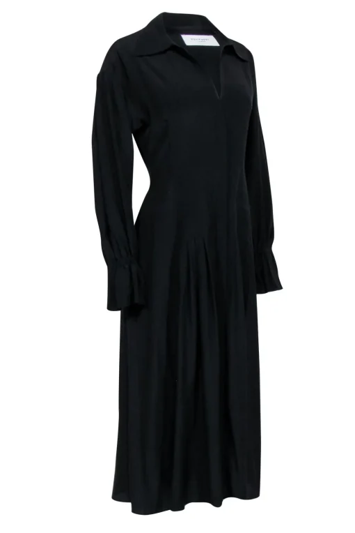 Equipment - Black Silk Pleated Midi Dress w/ Flared Sleeves Sz 6