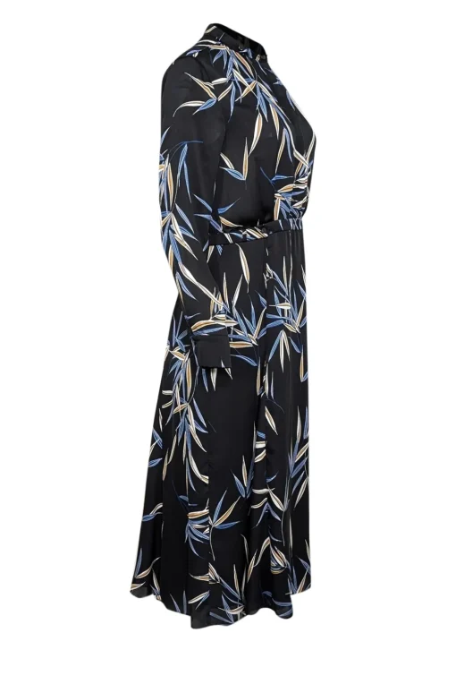 Equipment - Black w/ Blue & Tan Leaf Print Long Sleeve Dress Sz 6