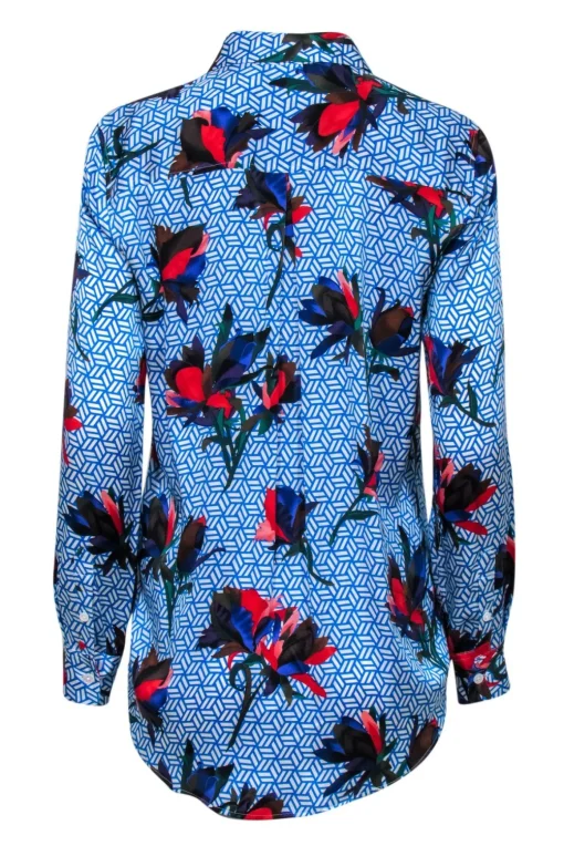 Equipment - Blue Floral Print Button-Up Silk Shirt Sz S