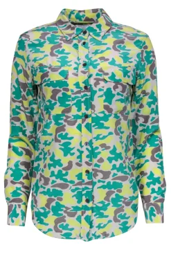 Equipment - Green, Grey & Yellow Camouflage Print Silk Blouse Sz XS
