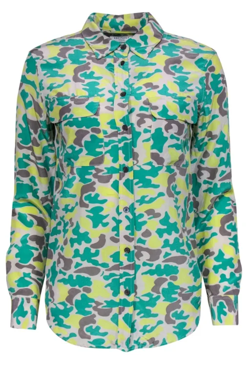Equipment - Green, Grey & Yellow Camouflage Print Silk Blouse Sz XS