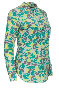 Equipment - Green, Grey & Yellow Camouflage Print Silk Blouse Sz XS