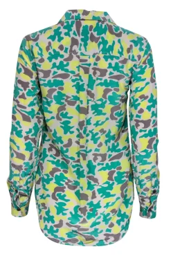 Equipment - Green, Grey & Yellow Camouflage Print Silk Blouse Sz XS