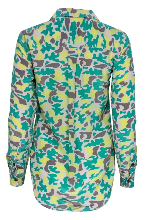 Equipment - Green, Grey & Yellow Camouflage Print Silk Blouse Sz XS