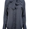Equipment - Navy Polka Dot Print Satin Tie Neck Blouse Sz S