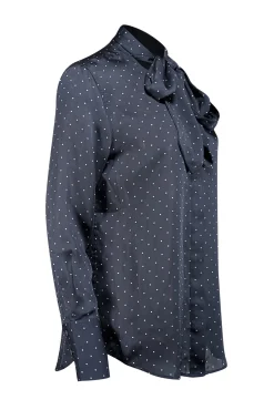 Equipment - Navy Polka Dot Print Satin Tie Neck Blouse Sz S