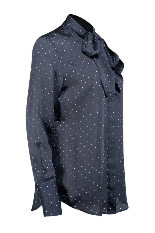 Equipment - Navy Polka Dot Print Satin Tie Neck Blouse Sz S