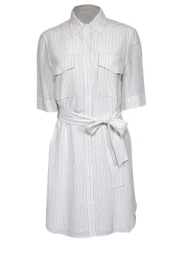 Equipment - Off-White w/ Pink & Black Stripe Print Silk Dress Sz S