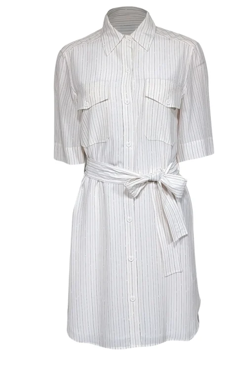 Equipment - Off-White w/ Pink & Black Stripe Print Silk Dress Sz S