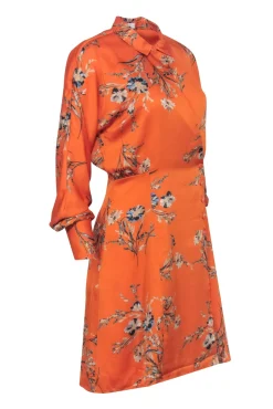 Equipment - Orange w/ Blue Floral Print Satin Wrap Dress Sz S