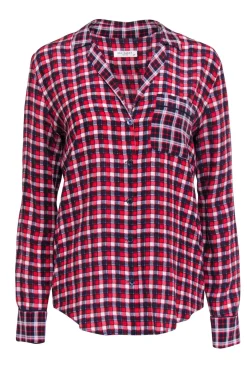 Equipment - Red, Navy & White Plaid Print Silk Button-Up Shirt Sz S