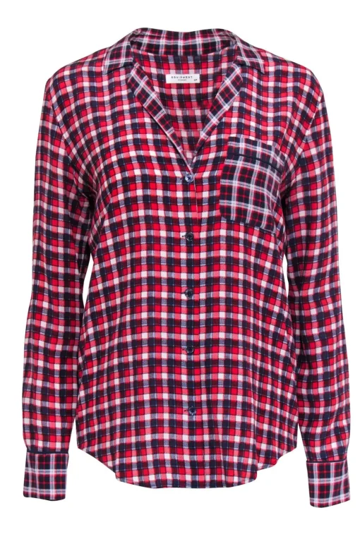 Equipment - Red, Navy & White Plaid Print Silk Button-Up Shirt Sz S