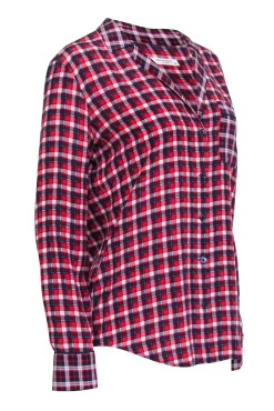 Equipment - Red, Navy & White Plaid Print Silk Button-Up Shirt Sz S