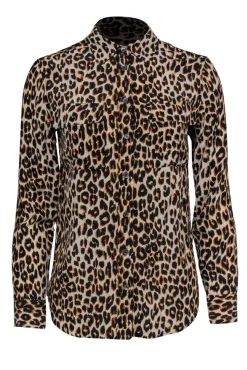 Equipment - Tan & Brown Leopard Print Silk Collard Blouse Sz XS