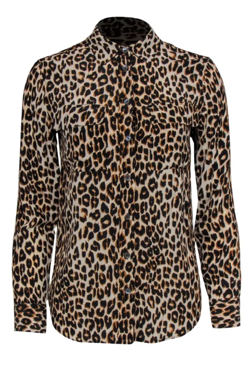 Equipment - Tan & Brown Leopard Print Silk Collard Blouse Sz XS