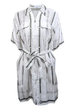 Equipment - White w/ Green Belt Print Silk Blend Zip Front Dress Sz S