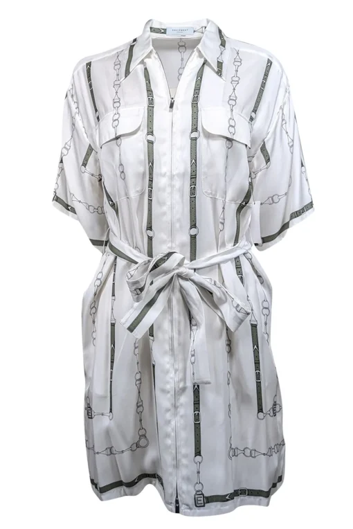 Equipment - White w/ Green Belt Print Silk Blend Zip Front Dress Sz S