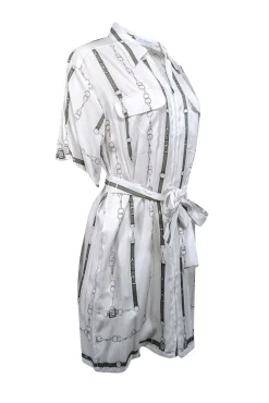 Equipment - White w/ Green Belt Print Silk Blend Zip Front Dress Sz S