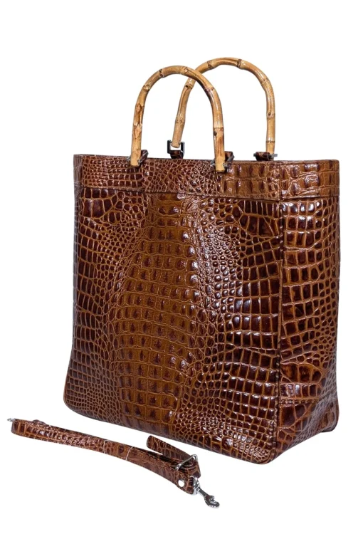 Eric Brand - Brown Croc Embossed Tote w/ Bamboo Handles & Detachable Strap