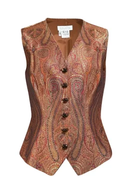 Escada - Burnt Orange, Red, & Gold Paisley Brocade Button Front Vest Sz 8