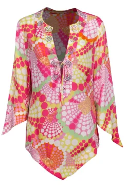 Escada - Pink & Yellow Printed Long Sleeve Silk Blouse w/ Rhinestone Trim Sz 12