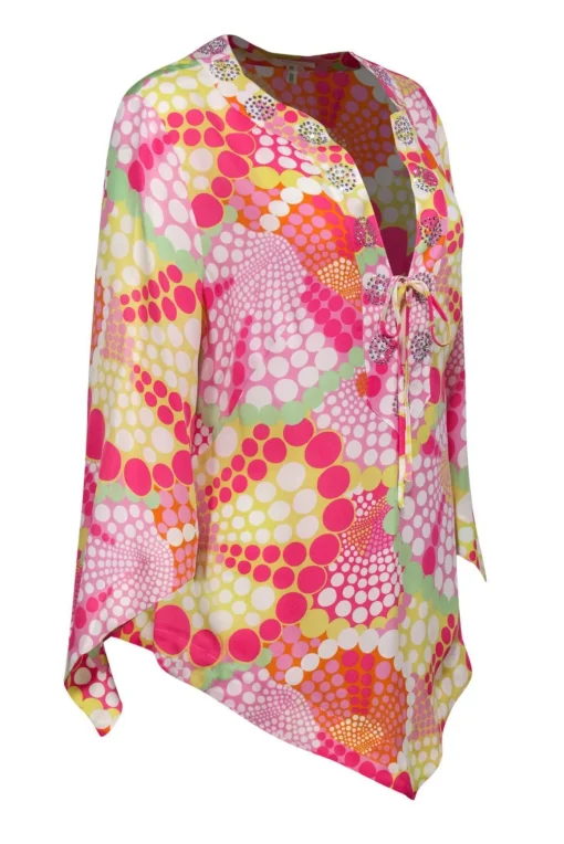 Escada - Pink & Yellow Printed Long Sleeve Silk Blouse w/ Rhinestone Trim Sz 12