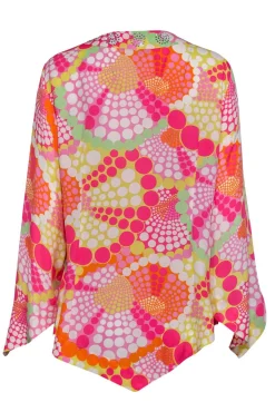 Escada - Pink & Yellow Printed Long Sleeve Silk Blouse w/ Rhinestone Trim Sz 12