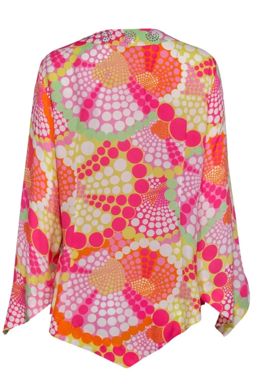 Escada - Pink & Yellow Printed Long Sleeve Silk Blouse w/ Rhinestone Trim Sz 12