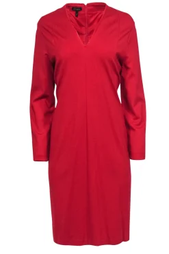 Escada - Red Long Sleeve Midi Dress w/ Frayed Neckline Sz L