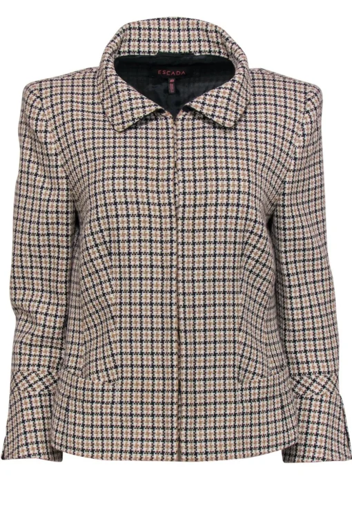 Escada - Taupe & White Herringbone Tweed Blazer Sz 10