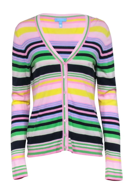 Escada Sport - Pink Multicolor Stripe V-neck Cardigan Sz L