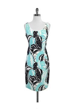 Etcetera - Aqua & Black Print Cotton Blend Sleeveless Dress Sz 4