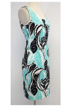Etcetera - Aqua & Black Print Cotton Blend Sleeveless Dress Sz 4