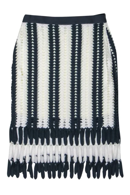 Eva Franco - Navy & White Crochet Midi Skirt w/ Fringed Hem Sz M