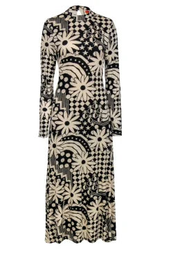 Farm - Black & Cream Floral Geo Print Long Sleeve Maxi Dress Sz M